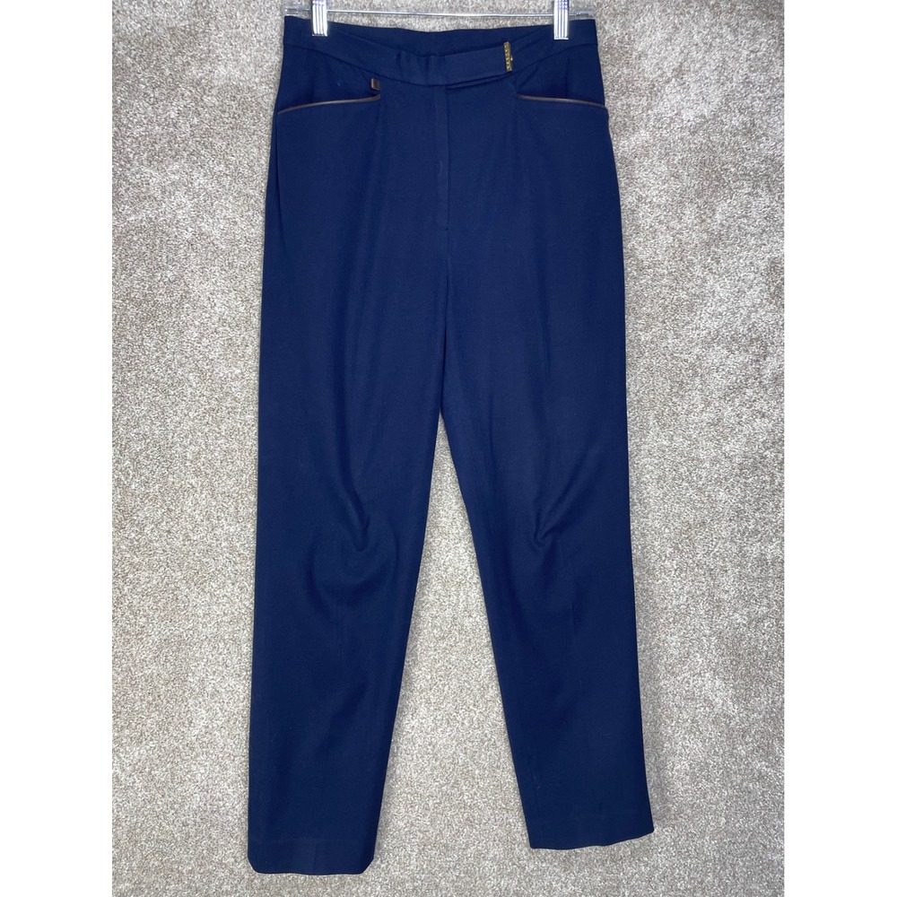 Lauren Ralph Lauren Straight Leg Trousers Pants Women 8 Navy Blue Leather Trim